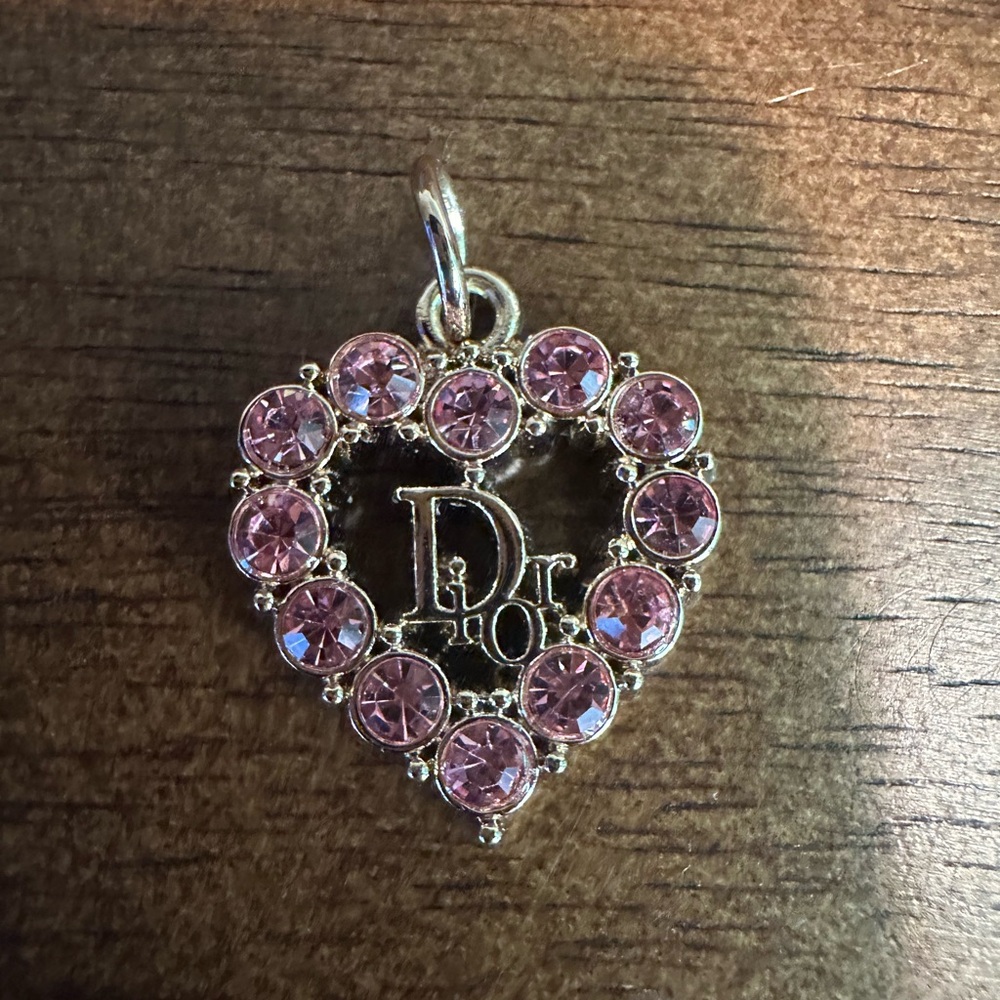 DIOR Gold Logo Heart Pull Charm Pink Stones